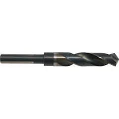 This Silver & Deming drill bit has a 24 mm diameter and a reduced shank with three flats to prevent slipping in standard 1/2-inch drill chucks. The 118° split point enables accurate hole starts without walking. It is made of high-speed steel with a black and gold finish, suitable for drilling large-diameter holes in metal.
