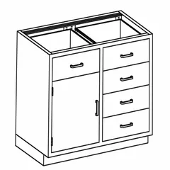 Wall-mounted base cabinet constructed of stainless steel for corrosion resistance and easy cleaning. Features five drawers for organized storage of lab supplies or tools. Overall dimensions: 35 in width, 22 in depth. Suitable for use in laboratories, clean rooms, and other controlled environments.