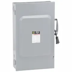 The SQUARE D D324N is a 200 A, three-phase, fusible safety switch rated for 240V AC. Housed in a galvanized steel enclosure for indoor use, it provides a manual disconnecting means for electrical circuits. This switch is typically used in industrial electrical distribution for equipment maintenance and overcurrent protection when paired with fuses.