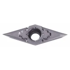 Diamond indexable turning insert for precision machining of non-ferrous materials such as aluminum alloys and plastics. Used in turning operations to achieve high surface finish and extended tool life. Suitable for applications in industries requiring fine surface quality and consistent performance.