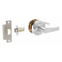 This passage lever lockset is designed for interior doors where locking is not required, such as hallways or closets. It features a satin chromium-plated stainless steel finish, an angled lever style, and is ADA compliant. The lockset is compatible with SFIC and meets ANSI F75 function standards.