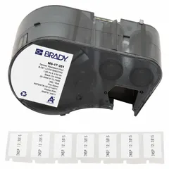 Vinyl precut label roll with permanent acrylic adhesive, halogen-free. Designed for M511 printer series. Labels are 1/2 in x 1 in and destructible, leaving evidence of removal for tamper-indicating applications.