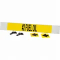 Yellow fiberglass pipe marker with black '#2 Fuel Oil' legend and directional arrows. Designed for pipes 8 inches and larger outer diameter. Includes strapping for secure mounting. Used to identify pipes carrying #2 fuel oil in industrial piping systems.