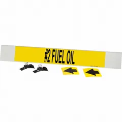 Yellow fiberglass pipe marker with black '#2 Fuel Oil' legend and directional arrows. Designed for pipes 8 inches and larger outer diameter. Includes strapping for secure mounting. Used to identify pipes carrying #2 fuel oil in industrial piping systems.