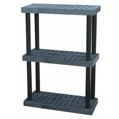 This three-shelf stationary shelving unit is constructed with a plastic frame and shelves made from corrosion-resistant High Density Polyethylene. It measures 36 inches wide by 16 inches deep with an overall height of 51 inches. Suitable for industrial environments where moisture, chemicals, or washdowns are present, it stores parts, tools, and supplies without rusting or degrading.