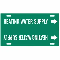 Green snap-on pipe marker with white legend reading 'Heating Water Supply' and directional arrows. Fits pipes with outer diameter from 6 to 7-7/8 inches. Used to identify heating water supply lines in piping systems.