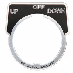 Half-round legend plate for 30 mm panel mounting. Overall height 1 3/4 in, overall width 1 5/8 in. Black legend with English text 'Up-Off-Down' and notch indicator on silver aluminum base. Used to label push-button functions in industrial control stations.