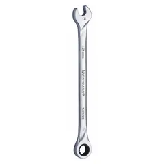 This metric 12-point ratcheting combination wrench is made of alloy steel with a chrome finish. It has a 12 mm head size and an 8-inch overall length. The ratcheting box end allows for faster fastener turning without repositioning the tool, suitable for tightening or loosening 12 mm fasteners in maintenance and repair tasks.