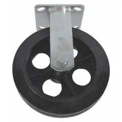 This rigid caster is a replacement component for platform trucks. It has a 500 lb load capacity and measures 8 inches in overall length by 2 inches in overall width. The caster is constructed with a rubber tread and steel frame, finished in black.