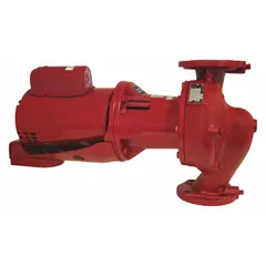 Single-stage inline circulator pump with cast-iron volute and flange connections. Rated for 90 gpm at 18 ft max. head, powered by 115/208-230V AC. Suitable for high-flow circulation in hydronic heating and potable water systems.