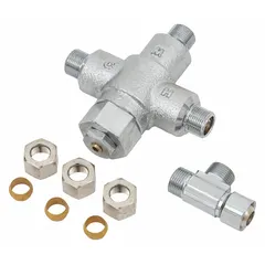 Brass point-of-use mixing valve with 3/8 in inlet and outlet connections. Includes a 3/8 in brass compression tee. Used to blend hot and cold water for temperature control in plumbing systems.