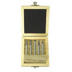 This 5-piece carbide bur set features double-cut geometry for efficient material removal and smooth surface finishes on metals. Each bur has a 1/4" head diameter and 1/4" shank, trade number SF-1. Suitable for deburring, shaping, and finishing in metalworking applications.