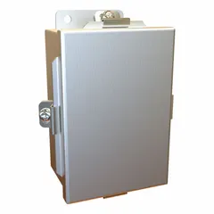 Aluminum enclosure measuring 6 in x 4 in x 3 in with a solid cover secured by clamps. Includes an inner panel. Rated NEMA 12/13/4/4X for protection against dust, dirt, water, and corrosion. Suitable for housing electrical controls, terminals, and instruments in industrial environments.