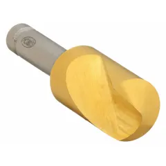 This KEO countersink features a 120° included angle and a single-flute design for fast, clean cutting. It has a 1/8 in body diameter and 1/8 in shank, constructed from TiN-coated cobalt for wear resistance. Typical applications include creating conical recesses for flat-head screws in metalworking and general machining operations.
