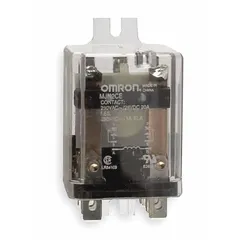 Surface-mounted power relay with side flange mounting for secure installation in control panels. DPDT contact configuration rated at 20 A with 24 V DC coil. Octal base and quick-connect terminals facilitate wiring. Suitable for industrial control, HVAC, and automation applications.