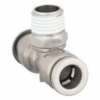 This stainless steel tee fitting branches pneumatic lines in industrial air-distribution systems. Its push-fit design enables quick connections for 5/16 in OD tubing and 1/4 in pipe, supporting efficient airflow in automation and material-handling applications