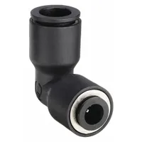 This nylon and nickel-plated brass elbow fitting connects 3/8 in OD to 1/4 in OD tubing with push-to-connect ends for tool-free installation. Suitable for pneumatic and fluid-power systems requiring a 90° direction change. Sold in a 10-pack