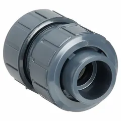 This ASAHI ball check valve features a PVC body with true union socket ends for easy installation and maintenance. The inline design uses a ball to prevent backflow, suitable for standard pressure applications. The FKM seal provides chemical resistance for aggressive fluids. Pipe size is 1 in.
