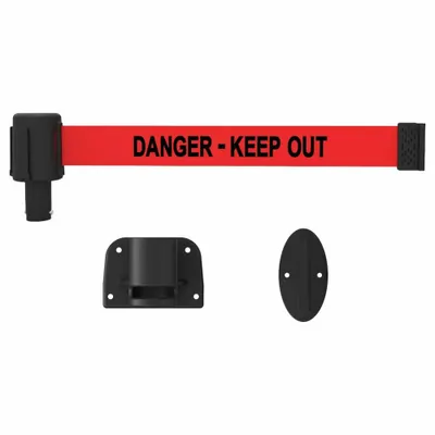 BANNER STAKES Retractable Belt Barrier: Anchors/Screws, 15 ft Belt Lg, Danger Messaging - Wall-Mount Retractable Belt Barriers