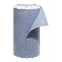 This recycled-content sorbent roll measures 30 inches wide by 150 feet long, supplied in a bag. It is designed for absorbing industrial spills, leaks, and drips in maintenance, manufacturing, and facility environments. The blue color indicates general-purpose use for oils, coolants, solvents, and water-based fluids