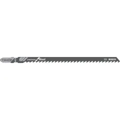 This jigsaw blade features a bi-metal and high carbon steel construction with a T-shank for secure fitment. The 6-inch blade length is suited for straight and curved cuts in wood. Sold in a pack of 5.