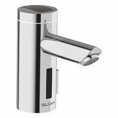 Brass construction with chrome finish. Solar-powered with 6 VDC lithium battery backup. Single-post design for touch-free operation. Mixing valve not included. Suitable for commercial restroom hand-washing applications.
