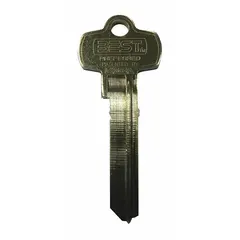 Brass key blank with nickel-plated finish, featuring a 1P keyway type and 0 pins. Used for duplicating keys for mortise locks that accept 1P keyway blanks.