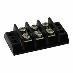 This 3-pole surface mount barrier strip accepts wire sizes from 22 AWG to 12 AWG and is rated for a maximum current of 20 A. It provides a secure terminal connection point for wiring in control panels, junction boxes, and equipment. No cover is included.