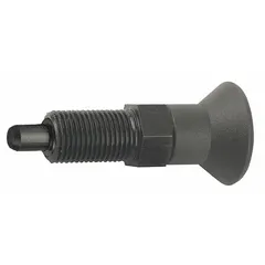 Nonlocking indexing plunger with extended pin and pull-knob for manual positioning and locking of moving parts in jigs, fixtures, and assembly lines. Made of steel with M8x1 thread and nose force range of 6 N to 15 N. Suitable for quick engagement and disengagement without tools in industrial machinery.