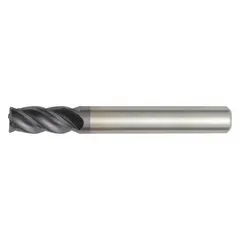 This carbide corner-radius end mill is designed for fast cutting in steel and cast iron. It features a TiAlN coating, 4 flutes, 3/8" mill diameter, 1/2" length of cut, and 2" overall length. The corner radius strengthens the cutting edge to reduce chipping and improve surface finish in milling operations.