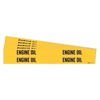 Yellow adhesive pipe marker with black legend reading 'Engine Oil'. Fits pipe outer diameters from 3/4 to 2-3/8 inches. Pack includes 4 markers without arrows, supplied in a 5-pack quantity. Used to identify engine oil lines in piping systems