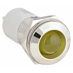 Yellow LED pilot light with raised head for panel mounting. Features M16 thread and 0.11 male quick disconnect electrical connection. Used for visual status indication on industrial control panels and machinery.