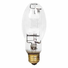 This 250-watt metal halide HID lamp features an ED28 shape and a Mogul Screw (E39) base, operating at 148 volts with a 4000K color temperature. It provides bright white light for general area illumination in industrial and commercial high-bay lighting, parking lots, and warehouses. The lamp supports universal burning orientation and is not shatter-resistant.