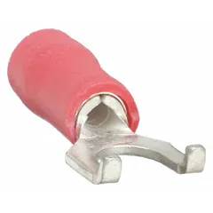 Red vinyl insulated fork terminal with insulation grip barrel. Flanged fork design fits #8 stud size, accepts 22 AWG to 16 AWG wire, rated for 600 V. Used for secure electrical connections in control panels, machinery, and power distribution.