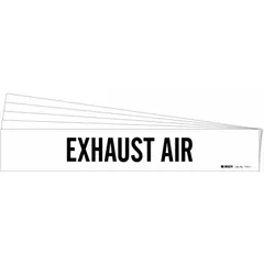 White adhesive pipe marker with black 'Exhaust Air' legend for identifying exhaust air lines. Fits pipe outer diameters from 2-1/2 to 7-7/8 inches. Pack of 5 markers, each without directional arrows. Suitable for industrial piping systems requiring clear content identification.