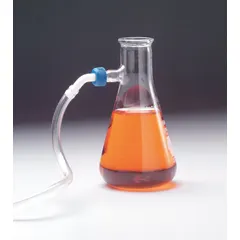 This 4 L conical glass filtering flask is made from colorless Type I borosilicate glass, meeting USP Type I standards. It is designed for vacuum-assisted filtration to separate solids from liquids in laboratory applications. The flask accepts stopper size 12.