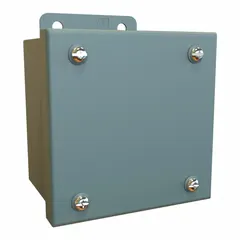 This steel enclosure measures 4 x 4 x 3 inches and is rated NEMA 12/13 for protection against dust, dirt, and non-corrosive liquids. It features a solid cover secured with screws and does not include knockouts. Typical applications include housing electrical controls, terminals, and instruments in industrial environments such as machining, material handling, and HVAC systems.