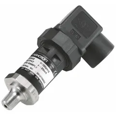 Pressure transmitter with -15 psi to 30 psi range, 4 to 20 mA DC output, and 1/8 in Male NPT connection. Features DIN 43650 Form A connector. Suitable for industrial process control, HVAC, and pump monitoring applications.