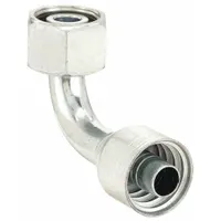 This AEROQUIP 90° elbow fitting connects metric-threaded ports to -10 hose dash size in hydraulic systems. It features a steel x steel construction with female x genderless connection, M26-1.5 thread size, and a crimp-style attachment for secure assembly