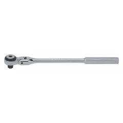 This PROTO flex-head ratchet features a reversible round head with a chrome finish. With an overall length of 8-1/2 inches and a 5° minimum arc swing, it is suited for tightening or loosening fasteners in confined spaces where a full swing arc is limited.