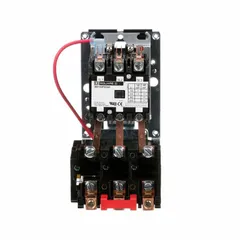 Non-reversing magnetic motor starter with thermal overload protection, rated 40 A, 3 poles, and 120V AC coil. Requires three thermal units (not included). Suitable for starting single-direction motors in applications such as fans, pumps, and conveyors.