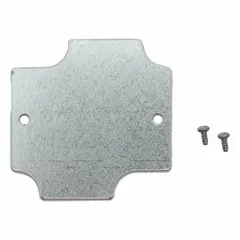 Galvanized steel back panel for interior mounting within enclosures. Provides a grounded mounting surface for electrical components, controls, or terminal blocks. Overall dimensions: 2.13 in height x 2.13 in width.