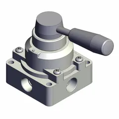 Manual air control valve with lever actuator and side-ported body. Features a three-position, closed-center design for directing or shutting off compressed air in pneumatic systems. Accepts 3/8 in BSPT connections and operates up to 1 MPa maximum pressure. Suitable for industrial machine control and maintenance isolation applications.