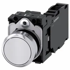 Momentary-action flush-mount push button from the Siemens 3SU series. Features a non-metallic operator, 22 mm mounting hole, and 1NO/1NC contact configuration. Suitable for control panels and automation systems where a low-profile, non-illuminated actuator is required.