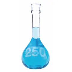 This KIMBLE volumetric flask has a 10 mL capacity and conical shape, made of colorless Type I glass. It meets Class A tolerance of +/-0.08 mL and includes a closure compatible with stopper size 13. Used for precise liquid measurement and preparation of standard solutions in analytical chemistry and quality control.