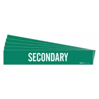 This pipe marker features a green background with white legend text reading 'Secondary'. Designed for pipe outer diameters from 2-1/2 to 7-7/8 inches, it is supplied without arrows. Suitable for labeling secondary piping systems in industrial facilities to identify pipe service
