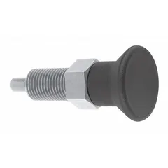 Nonlocking indexing plunger with extended pin and pull-knob for manual retraction. Body in 18-8 stainless steel, plunger in 400 series stainless steel. Thread size 1/4"-28. Used for precise positioning and locking of moving parts in jigs, fixtures, and assembly lines.