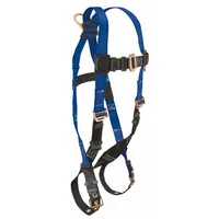 Unisex vest-style harness for general fall arrest in general industry applications. Features steel back D-rings, mating/tongue buckle, and friction torso adjustment. Black/blue color, no padding, not RFID-equipped