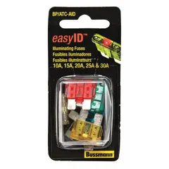 This fuse kit contains BUSSMANN Series ATC-ID automotive fuses covering a 10 A to 30 A range. It is intended for use in vehicles and fleet equipment to replace blown fuses and protect electrical circuits. No tool is included.