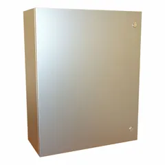 304 stainless steel enclosure with hinged cover and 1/4-turn latch. Rated NEMA 12/13/3R/4/4X for indoor or outdoor use where corrosion resistance and washdown are required. Measures 30 x 24 x 10 inches. Knockouts not included.